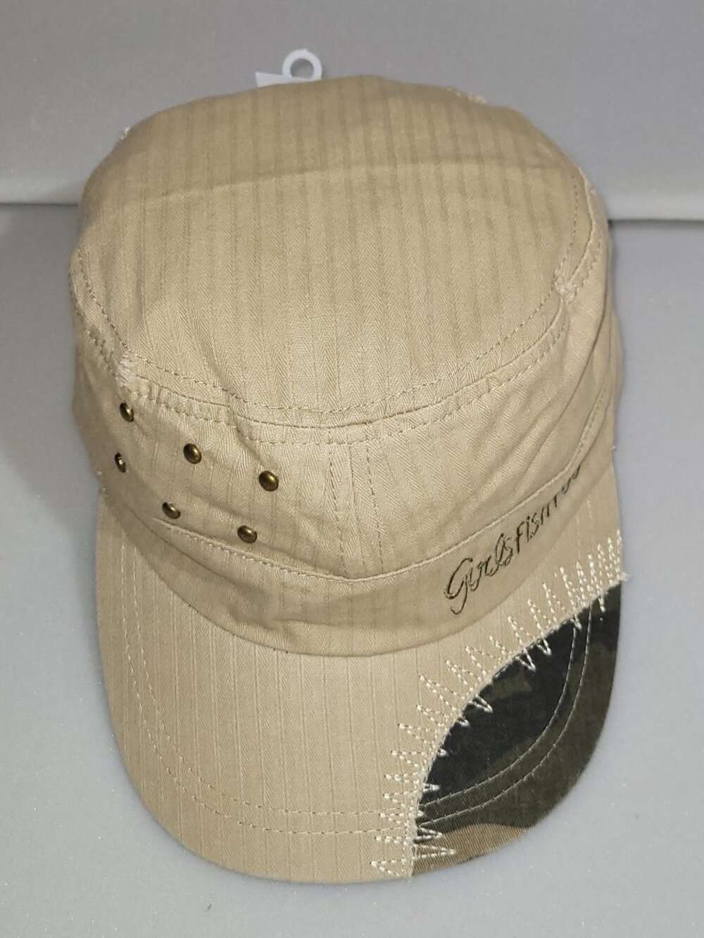 Girls Fish Too Women's Military Cadet Hat Beige Camo Distressed Cotton Cap NWT